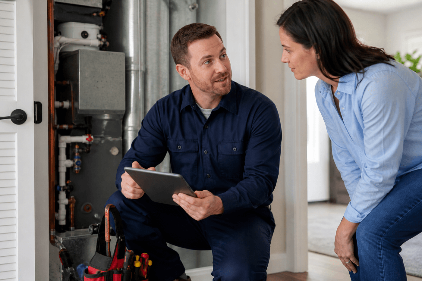 Service professional reviewing property details with a homeowner